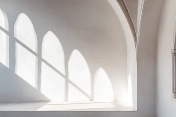 Fototapete - Soft shadows cast by arched windows on a minimalist wall, creating a serene atmosphere.