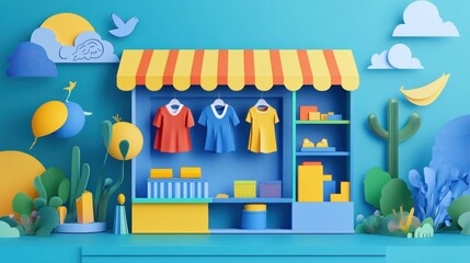 Poster - A colorful 3D display of a shop featuring children's clothing and playful decorations.