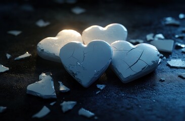 Poster - Four cracked hearts surrounded by broken pieces, symbolizing fragility and loss.