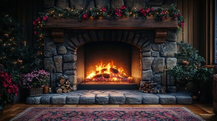 Canvas Print - Cozy stone fireplace, Christmas garland, burning fire.