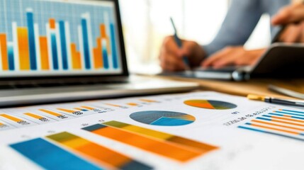 Aufkleber - A close-up of business graphs and charts on a desk, illustrating data analysis and strategy.