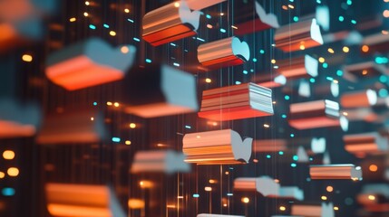 Fototapete - Abstract representation of floating geometric shapes with glowing lights.