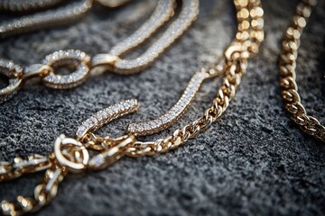 Poster - Close-up of elegant gold chains adorned with sparkling details on a textured surface.