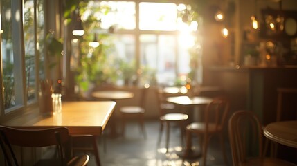 Aufkleber - A cozy café interior bathed in warm sunlight, featuring wooden tables and lush plants.