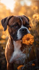 Aufkleber - A dog holding a flower in a sunlit field, showcasing a serene moment in nature.