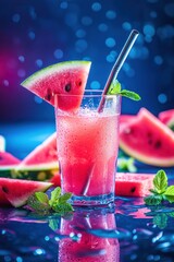 Poster - A refreshing watermelon drink garnished with mint, set against a vibrant, colorful background.