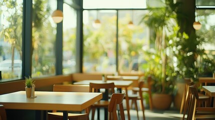 Poster - A bright café interior with tables, chairs, and lush greenery.