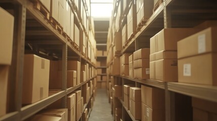 Poster - A narrow aisle between shelves filled with stacked cardboard boxes in a storage facility.