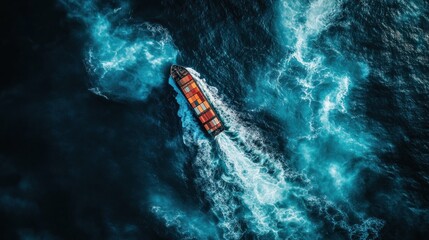 Poster - Aerial view of a cargo ship navigating through turbulent ocean waters.