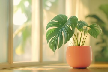Poster - A vibrant potted plant with large leaves, basking in soft sunlight by a window.