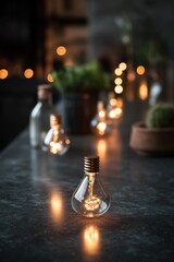Aufkleber - A serene display of glowing light bulbs and greenery on a dark countertop.