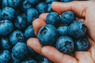 Poster - A hand holding fresh blueberries against a backdrop of more blueberries.