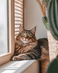 Poster - A tabby cat lounging by a window with plants and natural light illuminating the scene.