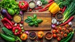 © Watcharapon - Colorful collection of fresh ripe vegetables herbs and spices arranged on a wooden cutting board