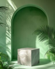 Aufkleber - A minimalist green space featuring a marble cube and lush plants, ideal for showcasing products.