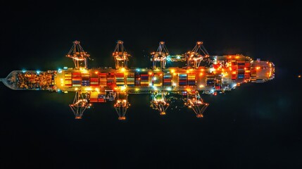 Poster - Aerial view of a brightly lit cargo ship at night, showcasing containers and cranes.
