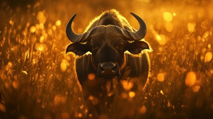 Poster - A buffalo stands majestically in a sunlit field, surrounded by golden grass and soft light.