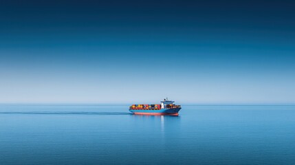 Poster - A solitary cargo ship navigates calm waters under a gradient sky.