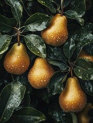 Poster - A close-up of ripe pears with droplets on leaves, showcasing freshness and natural beauty.