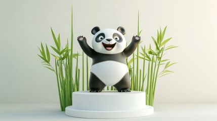 Poster - A cheerful cartoon panda stands on a pedestal surrounded by bamboo plants.