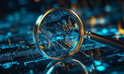 Poster - Magnifying glass over digital data, charts, and graphs.