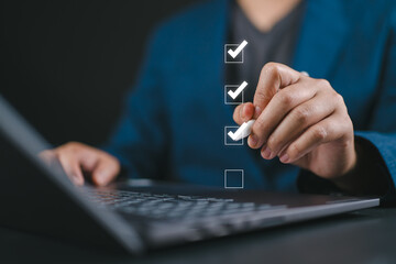Poster - Checklist concept, Businessman mark checkboxes, survey form, check marks on checklist, filling online form and answering questions. Options business employee security procedures followed in office.