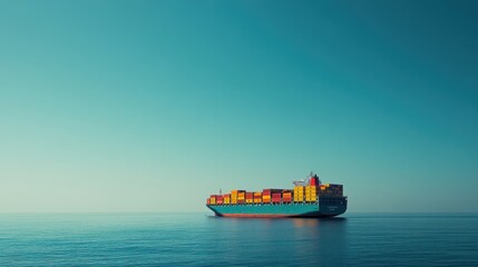 Poster - A large cargo ship with colorful containers floats on calm waters under a clear sky.
