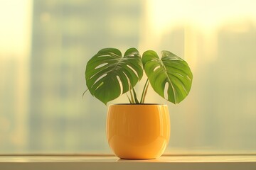 Poster - A vibrant green plant in a yellow pot, set against a soft, blurred background.