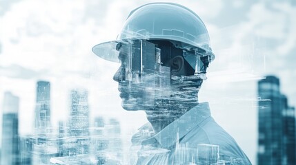 Poster - A silhouette of a man in a hard hat with a cityscape overlay, symbolizing construction and vision.