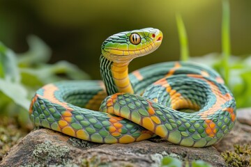 Aufkleber - A vibrant green and orange snake coiled on a rock, surrounded by lush foliage.