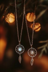 Aufkleber - Two delicate dreamcatcher necklaces with pearls, hanging against a softly lit background.