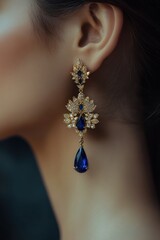 Poster - A close-up of an elegant earring featuring blue gemstones and intricate gold design.