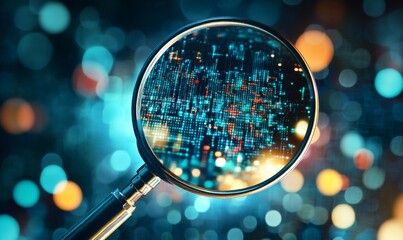 Poster - Magnifying glass revealing digital data code.