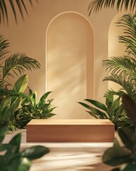 Poster - A serene indoor space with a wooden table surrounded by lush green plants and soft lighting.