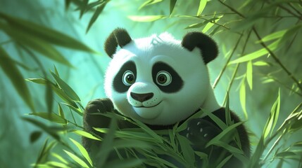 Poster - A cute cartoon panda surrounded by bamboo, expressing joy in a vibrant, lush environment.