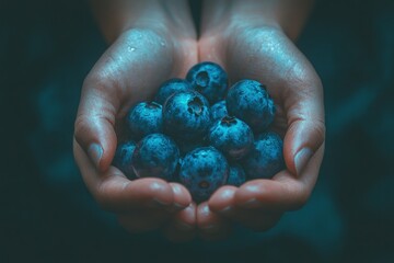 Poster - A pair of hands holding fresh blueberries, highlighting their vibrant color and texture.