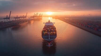 Poster - A large cargo ship navigates a port at sunset, surrounded by cranes and shipping containers.