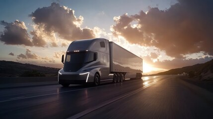 Poster - A futuristic truck drives on a highway during sunset, showcasing advanced transport technology.