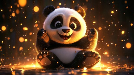 Poster - A cute panda cub sitting amidst glowing sparks, exuding joy and playfulness.