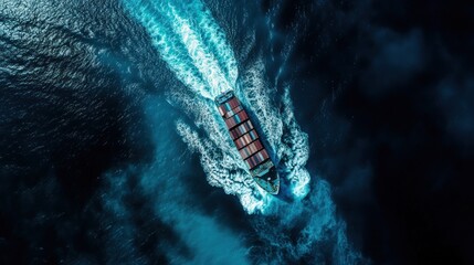 Poster - Aerial view of a cargo ship navigating through deep blue waters, creating wake patterns.