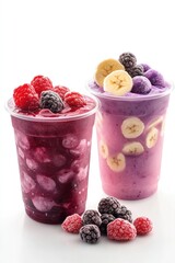 Poster - Two colorful smoothie cups topped with berries and banana slices, showcasing refreshing drinks.