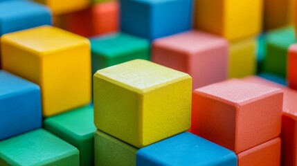 Poster - A creative block-building composition with colorful bricks arranged artistically, Contemporary construction style, photo of
