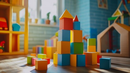 Poster - A creative block-building scene in a vibrant playroom, Colorful blocks stacked artistically, Playful artistic style