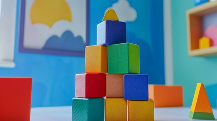 Poster - A creative block-building scene in a vibrant playroom, Colorful blocks stacked artistically, Playful artistic style