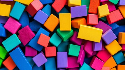 Poster - A creative block-building setup with artistically arranged colorful bricks, Contemporary construction style, photo of