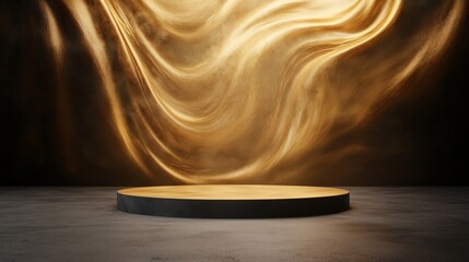 Wall Mural - A golden, illuminated stage against a flowing backdrop, creating a dramatic and elegant atmosphere for presentations or performances.