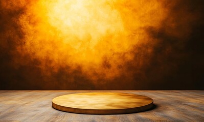 Wall Mural - A circular platform illuminated by a warm, golden glow, set against a dark, textured background, creating a dramatic and inviting atmosphere.