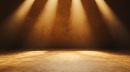 Wall Mural - A dimly lit stage with warm, focused lights creating a dramatic atmosphere for performances or presentations.
