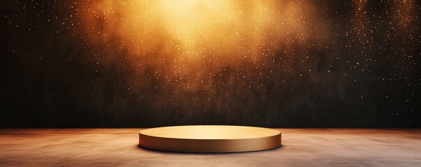 Wall Mural - A minimalistic stage illuminated by golden light, set against a dark background, creating a dramatic ambiance.