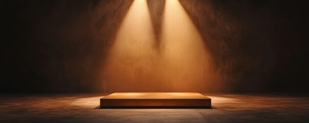 Wall Mural - A spotlight illuminates a raised platform in a dark, moody space, creating a dramatic atmosphere ideal for presentations or performances.